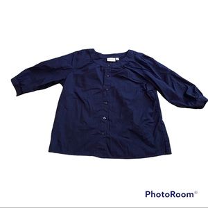 Denim & Co navy blue button front top with 3/4 sleeves